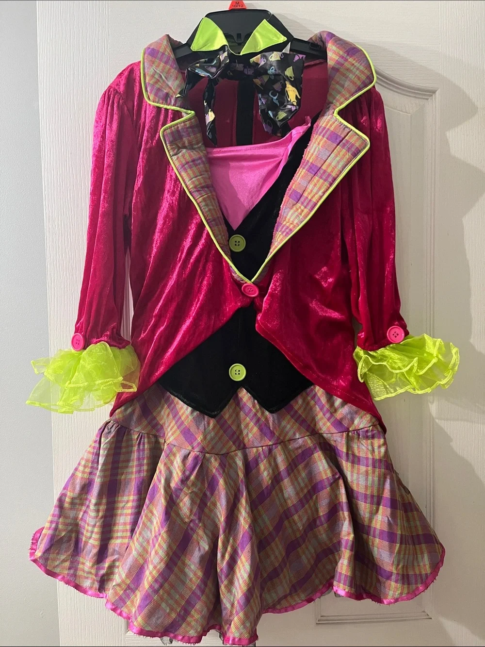 Girls' Neon Pink Plaid Mad Hatter Costume with Lime Accents
